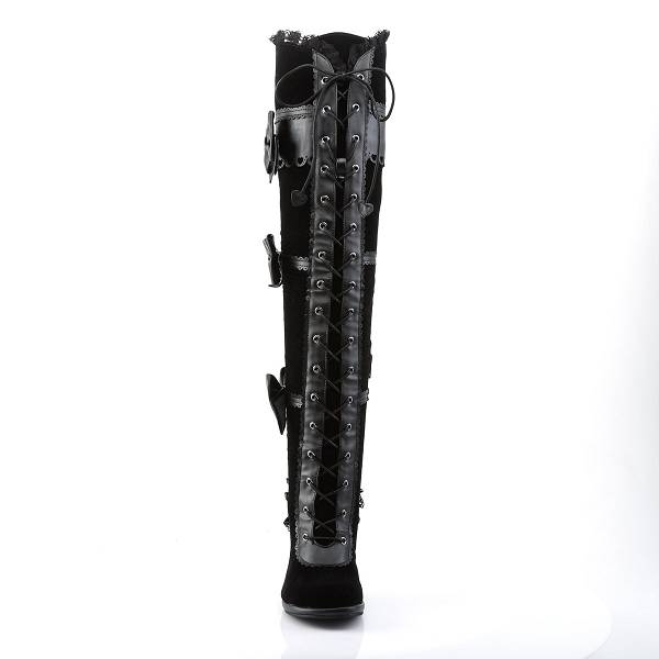 Demonia Glam-300 Black Vegan Leather/Velvet Stiefel Herren D104-357 Gothic Overknee Stiefel Schwarz Deutschland SALE